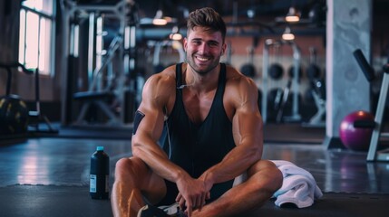 Fototapeta na wymiar Smiling Man Resting at Gym