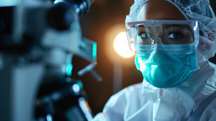 A woman in a lab coat and a mask is looking at something through a microscope. Concept of focus and concentration as the woman studies the object under the microscope.photo of human-centric med-tech