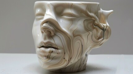 A white ceramic vase with a face on it sitting in front of the table, AI