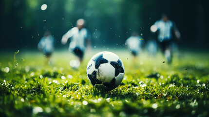 generated illustration of  close up of legs and feet of footballer on green grass