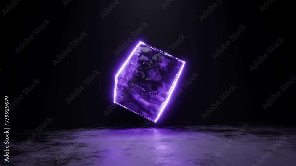 Poster 3d render animation loop of glowing neon cube and reflecting floor
