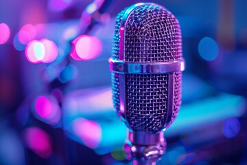 Fototapeta na wymiar Professional microphone studio podcast stream interview platform radio with micrecording voice singing in bright record studio audio quality equipment content music media entertainment