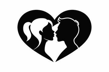 Kissing couple black silhouette with floral heart icon design.