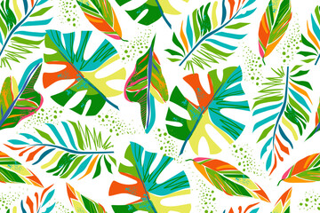 Colorful tropical leaves on a white background seamless pattern. Leaves of monstera, palm, croton, calathea triostar. Modern summer pattern. Vector illustration.