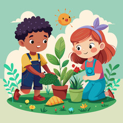 Obraz na płótnie Canvas illustration-of-little-kids-is-planting-small-plan