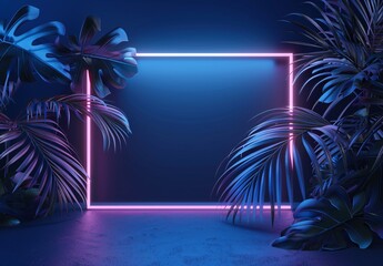 a neon frame with plants and leaves