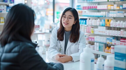 Pharmacist is assisting customer in a drug store