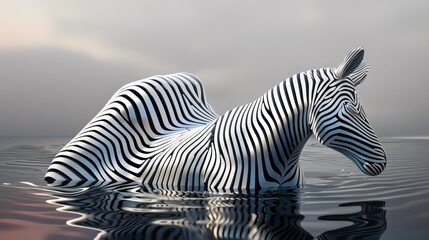 Obraz premium A zebra shaped animal in the water with a cloudy sky, AI