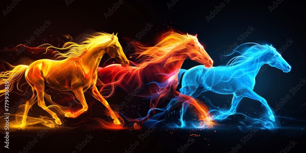 Poster a group of horses running through a field of fire.