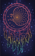 Hand drawn Native American Indian talisman dreamcatcher with feathers and moon. Vector hipster illustration isolated on dark blue. Ethnic design, boho chic, tribal symbol. Coloring book for adults. - 779930815