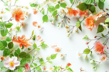 Beautiful spring flowers and leaves isolated white background with copy space.