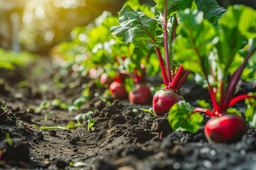 Freshly collected farmers natural red ripe beets on a garden ground - obrazy, fototapety, plakaty