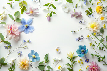 Beautiful spring flowers and leaves isolated white background with copy space.
