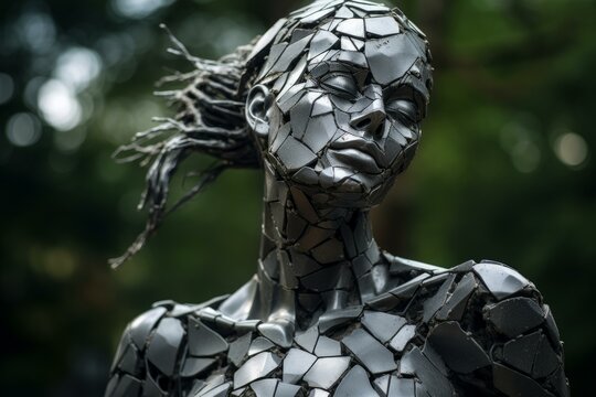 Weathered Shattered statue woman. Crumbling and breaking female silhouette. Generate ai