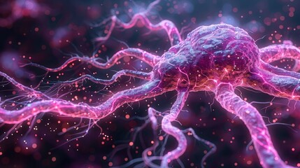 A close up of a neuron cell with pink and purple lights, AI