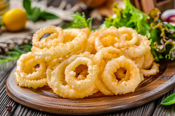 Fried calamari squid appetizer on wooden serving tray