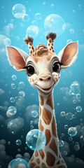 Playful giraffe calf in a bubble bath illustration. Concept of hygiene and cleanliness for children - 779931259