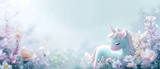 Fotobehang pastel colours, baby unicorn, beautiful floral landscape blue background © ProArt Studios