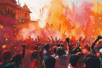 Fototapeta premium Joyful Crowd Celebrating Holi Festival of Colors in India, Throwing Vibrant Powder, Cultural Illustration