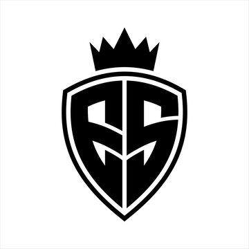 recommend clip art: ES Letter monogram shield and crown outline shape with black and white color design