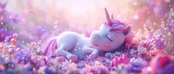Poster Purple pastel colours, baby unicorn, beautiful floral landscape background © ProArt Studios