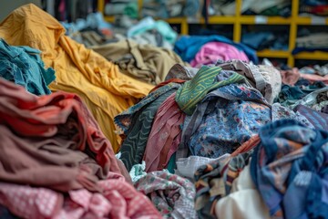 Large pile of textile fabric clothes, recycling and sustainability concept, environmental photo - obrazy, fototapety, plakaty