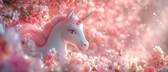 Zelfklevend Fotobehang Pink pastel colours, baby unicorn, beautiful floral landscape background © ProArt Studios