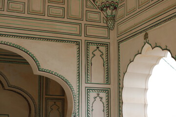 Carving details on the outer wall of Shri Ahilyeshwar Mandir, located in the Ahilya Devi Fort complex on the banks of the River Narmada in Maheshwar, Madhya Pradesh, India