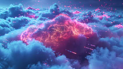 Glowing Neon Cloud With Sparkling Light Particles in Sky