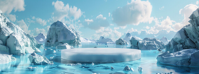 3D Rendered Ice Podium with Blue Water and Sky Backdrop