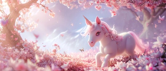soft pastel colours, baby unicorn, beautiful floral landscape background