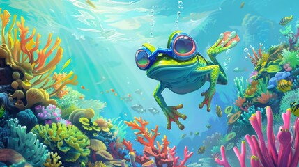 With a snorkel and mask, the cartoon frog explores the colorful coral reefs of a tropical...