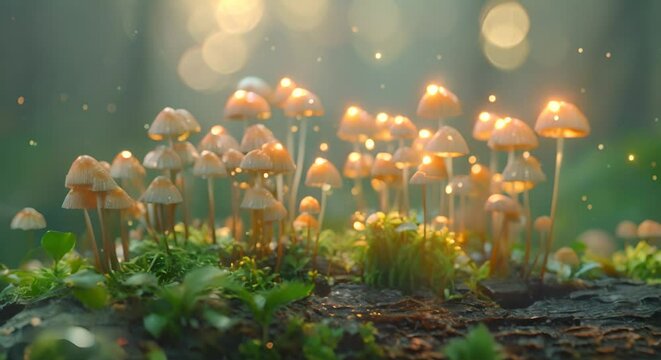 Tiny mushrooms growing on wood, forest floor in detail,