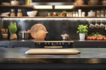 Obraz na płótnie Canvas Luxurious kitchen countertop, elegant product display space, blurred culinary background, food presentation illustration