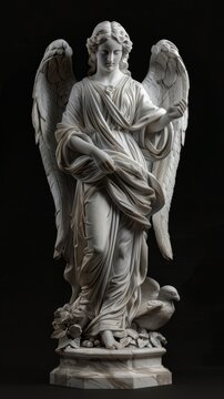White classic sculpture of the full-length angel made of shining marble isolated on black background