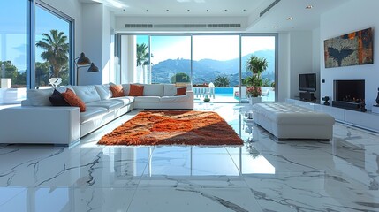 A living room with a large white couch and orange rug, AI