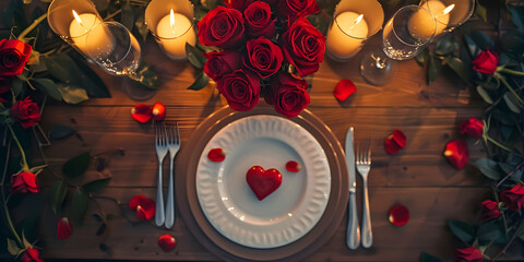 Valentine's Day romantic table setting with candles, flowers, and elegant decor for a special and intimate celebration.