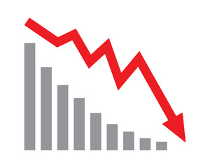 Obraz premium Red arrow going down stock icon on white background. Decrease, Bankruptcy, financial market crash icon for your web site design, logo, app, UI. graph chart downtrend symbol.chart going down sign.