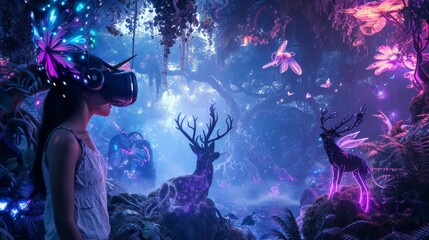 A female is in a virtual fantasy enchanted forest with glowing plants when wearing VR headset.