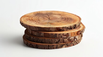 Stack of rustic wooden coasters on a white background