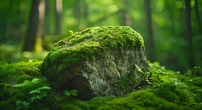 Mossy stone in a lush forest, surreal close-up with emphasis on texture,