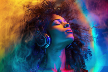 African American Woman Enjoying Music with Colorful Lights - obrazy, fototapety, plakaty