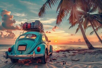 Luxury car with luggage on tropical beach at sunset, vintage travel postcard concept - obrazy, fototapety, plakaty