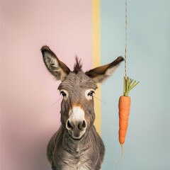 Portrait of a donkey with a carrot sticking up next to his head. The donkey is looking at the camera, a carrot is hanging on a rope next to his head. Pink, yellow, blue background. Minimalistic studio