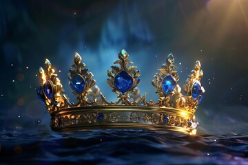Majestic golden crown with blue gemstones, royal symbol of authority and glory, digital illustration