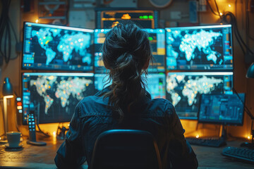 Rear view of female government cybersecurity analyst monitoring network traffic, identifying threats on multiple computer screens. Dimly lit security operations center