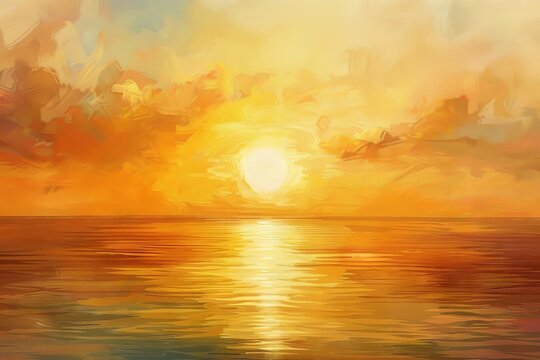 Majestic golden sunset over calm ocean horizon, tranquil seascape with warm colors and soft light, peaceful and meditative atmosphere, digital painting