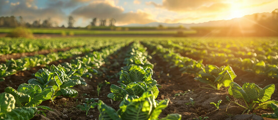 Sunset Over Lush Green Vegetable Field With Row Patterns