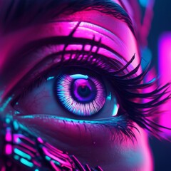 Girl's eye close-up in neon light. Cyberpunk style - 779933220