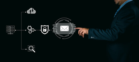 businessman finger touch to lock or encrypt the email on laptop. Concept email marketing...